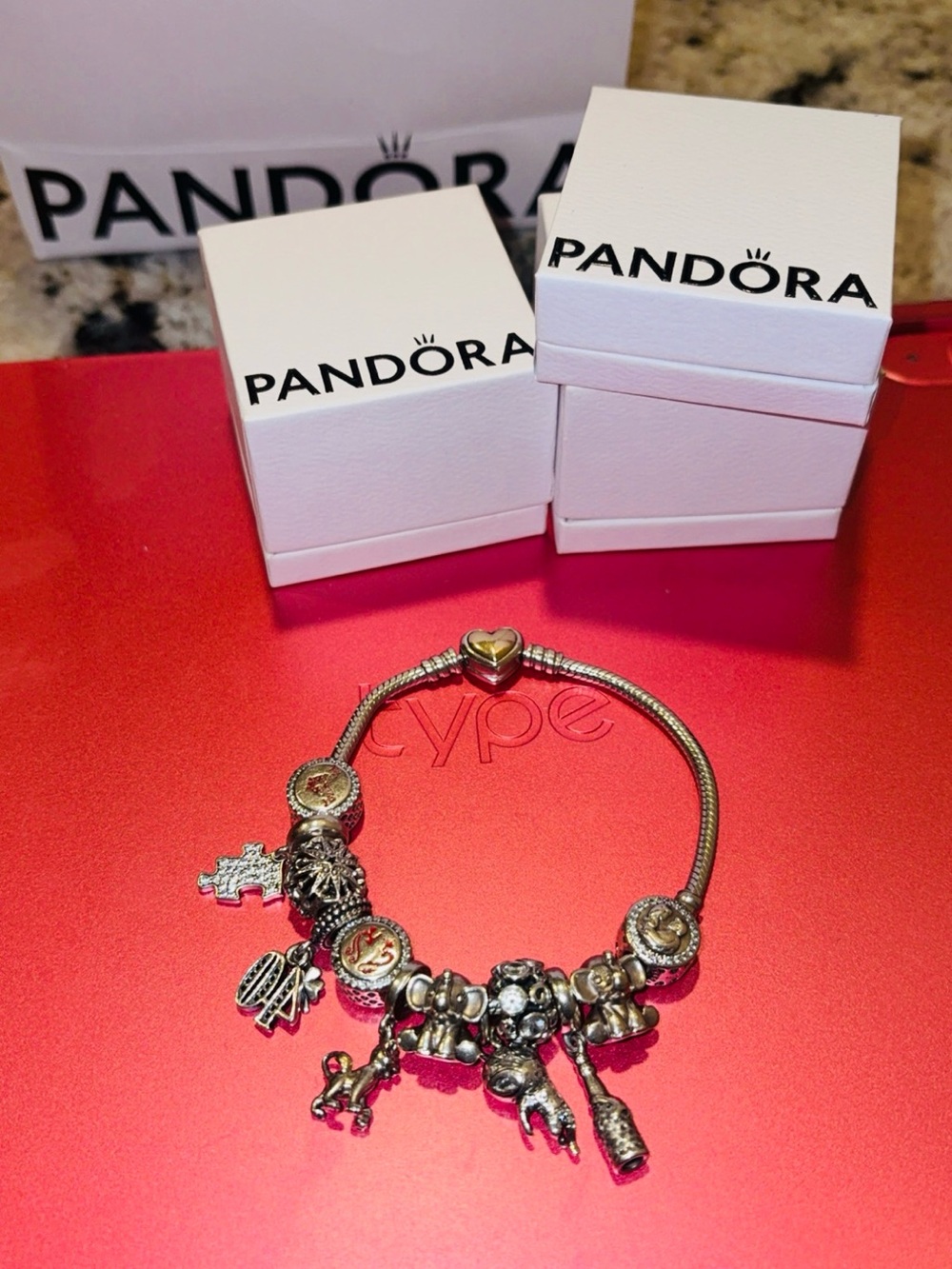Pandora Silver and 14k gold Charm Bracelet with Gold Heart Clasp